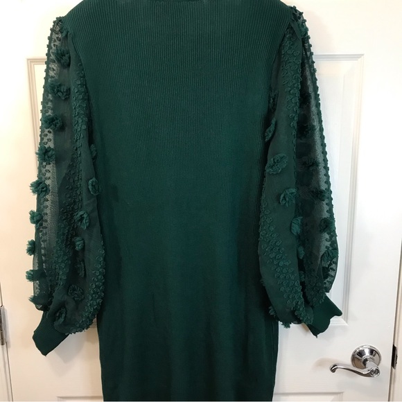 Hunter Green Sweater Dress 4X, Long Sleeve Swiss Dot Sheer Sleeve, Stretch Knit - Picture 12 of 14